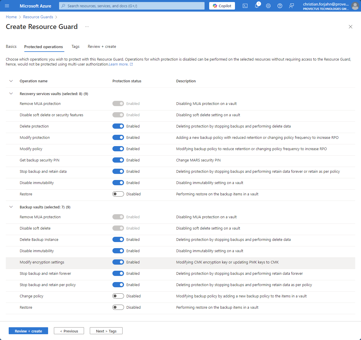 Azure Portal showing the operations Resource Guard could protect like "Delete protection", "Modify protection", etc.