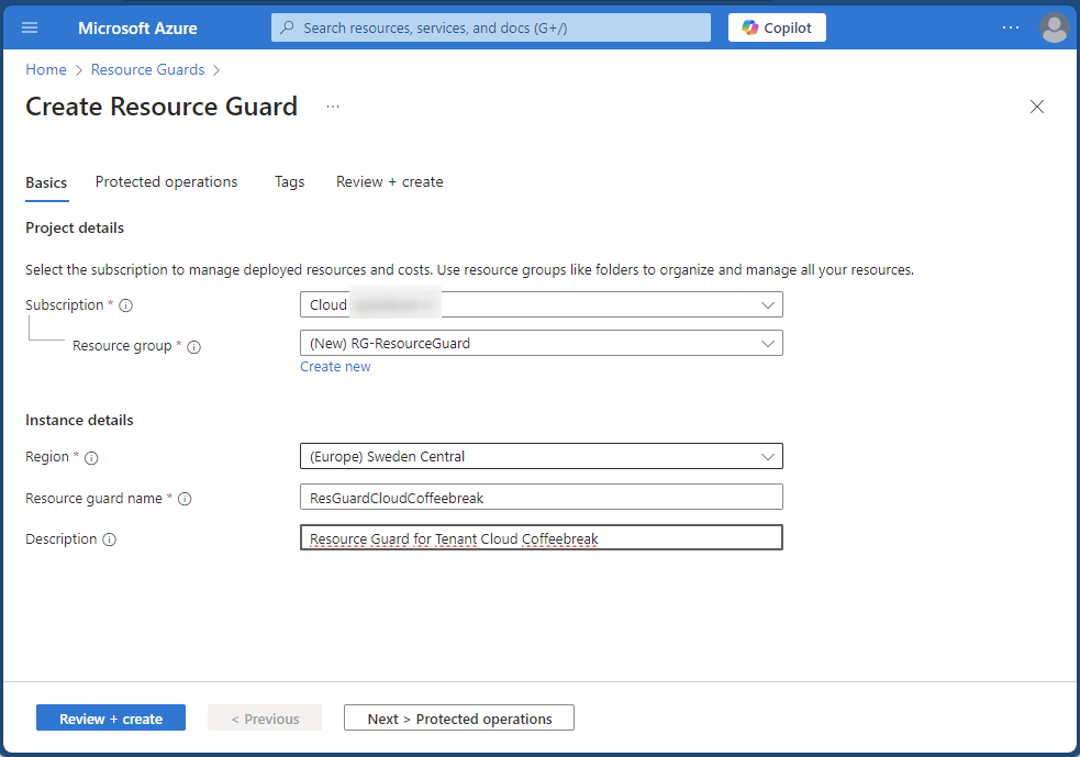 Azure Portal showing the mask for creating a Resource Guard