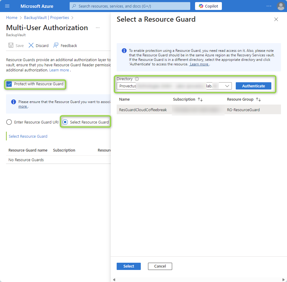 Azure Portal that shows the option to add a Resource Guard either by giving the Resource Guard's URI or selecting it. We choose Select.