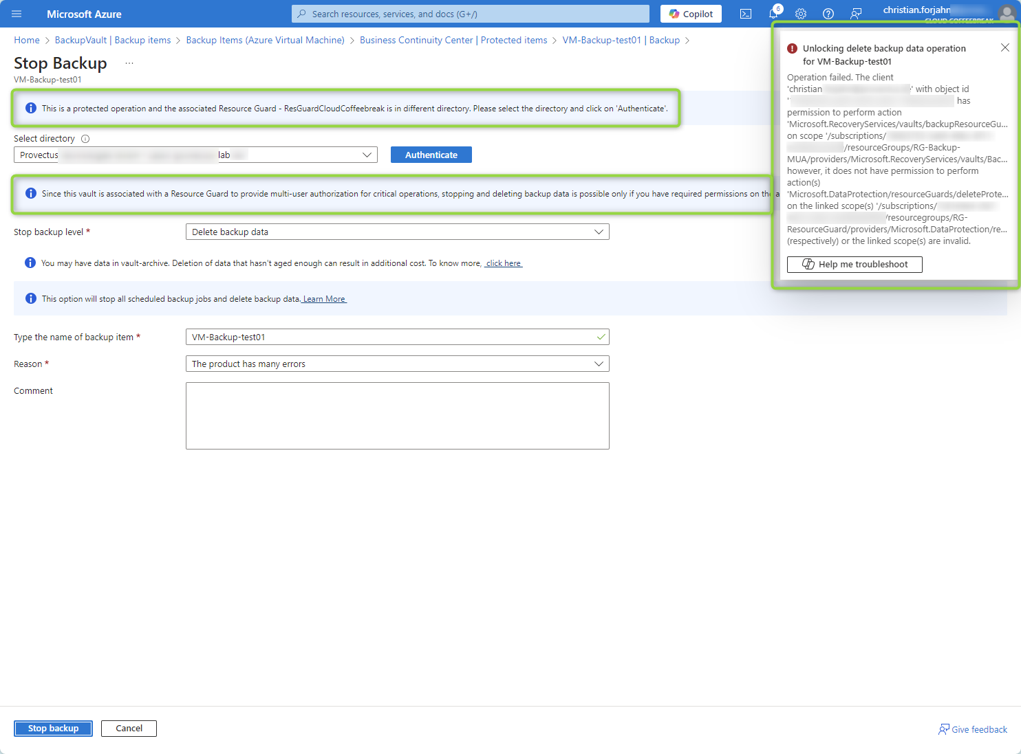 Azure Portal showing the Resource Guard protection when trying to delete a backup.